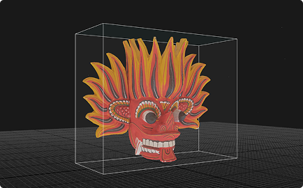 fotogrammetria 3D: maschera rituale asiatica (o africana) in modello digitale, acquisizione dati di beni culturali